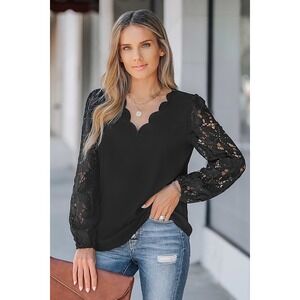 Lace Sleeve Blouse Scalloped V Neck Elegant Top Shirt‎